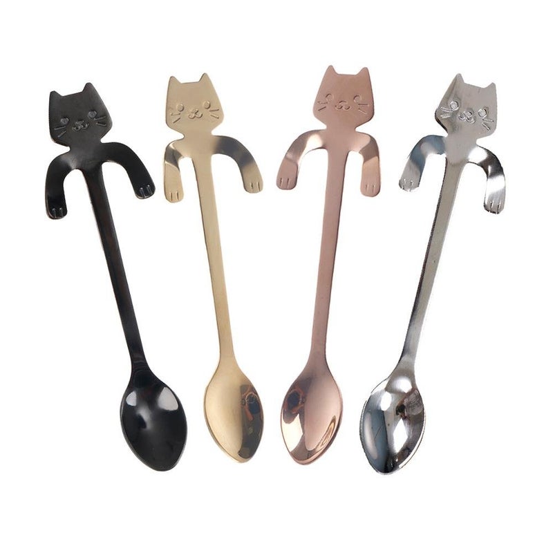 OBANGONG 4 Pcs Coffee Spoon Set - Mini Cat Hugging Kitty Tea Soup Sugar Dessert Appetizer Seasoning Bistro Hanging Cup Spoon - Image 1